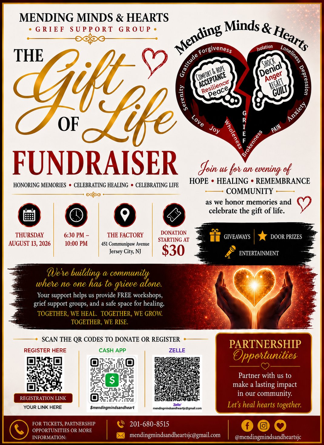 The Gift of Life Fundraiser flyer — Thursday, August 13, 2026, 6:30–10:00 PM, The Factory, 451 Communipaw Avenue, Jersey City